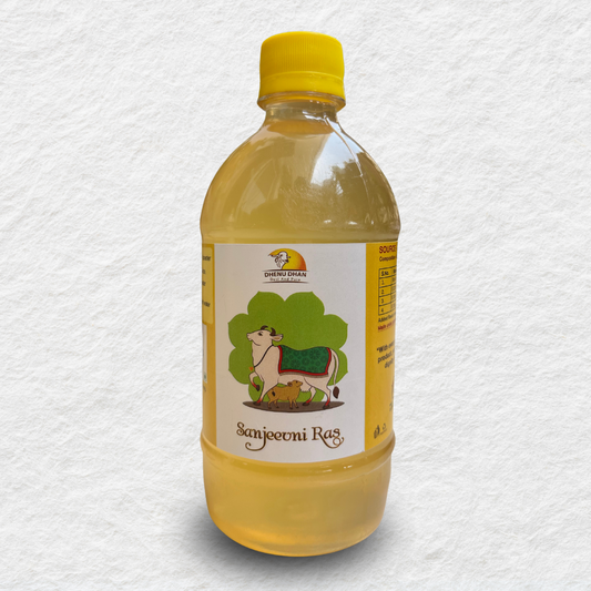 Front side of the bottle of naturally preserved and flavoured Gaumutra, i.e. Sanjeevani Ras