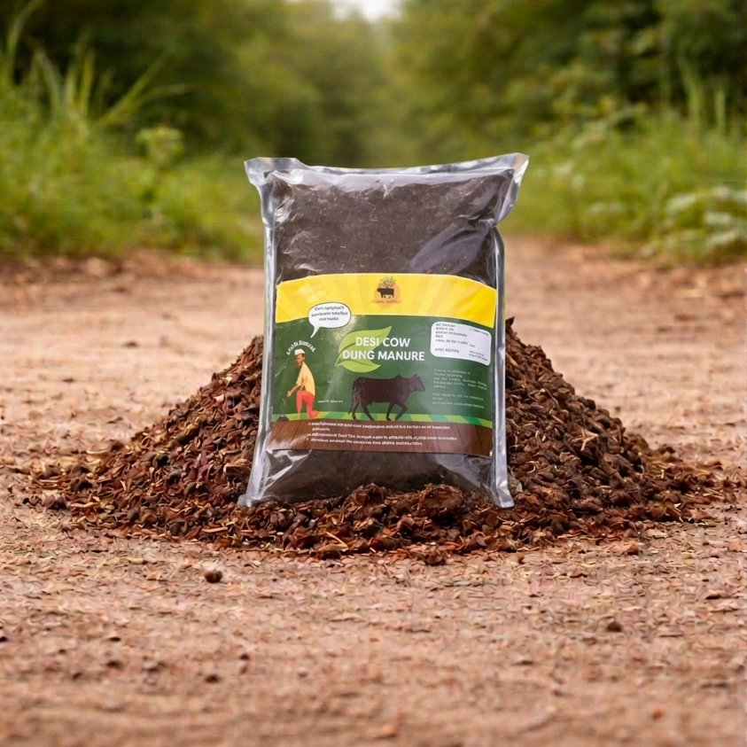 Bag of Desi Cow Dung Manure on a pile of manure with a natural background