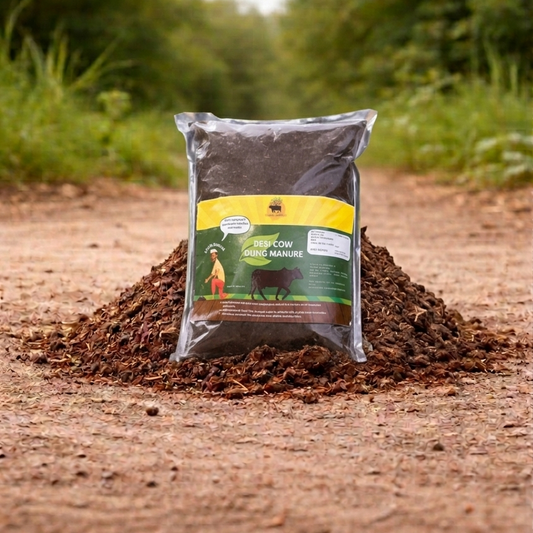 Bag of Desi Cow Dung Manure on a pile of manure with a natural background